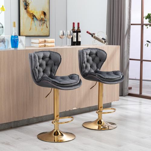 Set of 2  Bar Stools,with Chrome Footrest and Base Swivel Height Adjustable Mechanical Lifting Velvet + Golden Leg Simple Bar Stool-blue