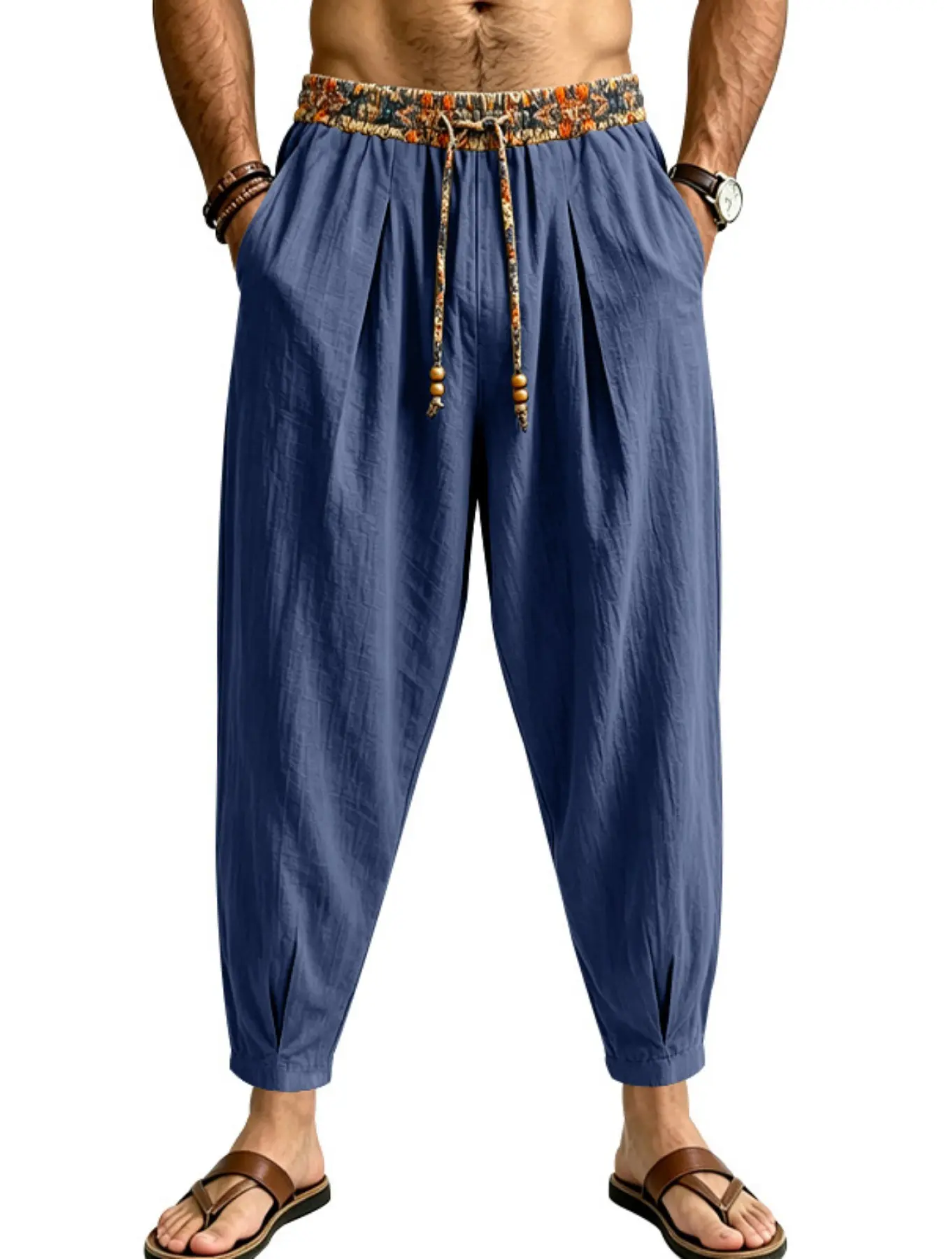 Men's Loose Fit Linen Pants, Casual Wide Leg Micro Conical Commuter Trendy Large Size Long Pants, American Style All Seasons
