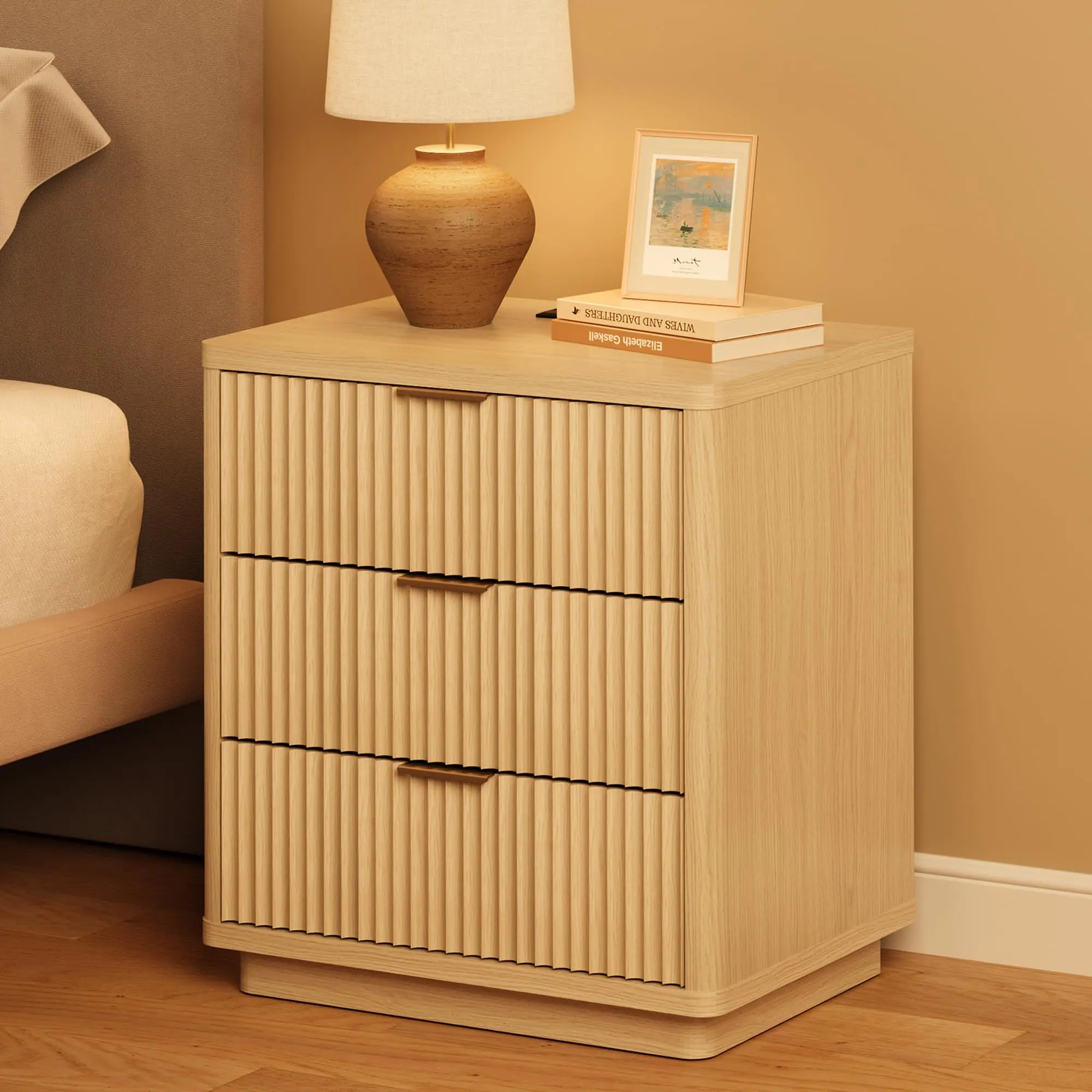 【IdealHouse】Modern Bedside Cabinet with 3 Spacious Drawers and Built In Charging Station, Light Wood Bedside Table, Sleek Bedroom Furniture, US Standard