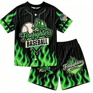 Retro Firefighter Baseball Themed Kids Outfit Bold Flame Drip Print American Flag Detail Button-Up Jersey and Matching Shorts Set for Boys Girls Casual Play