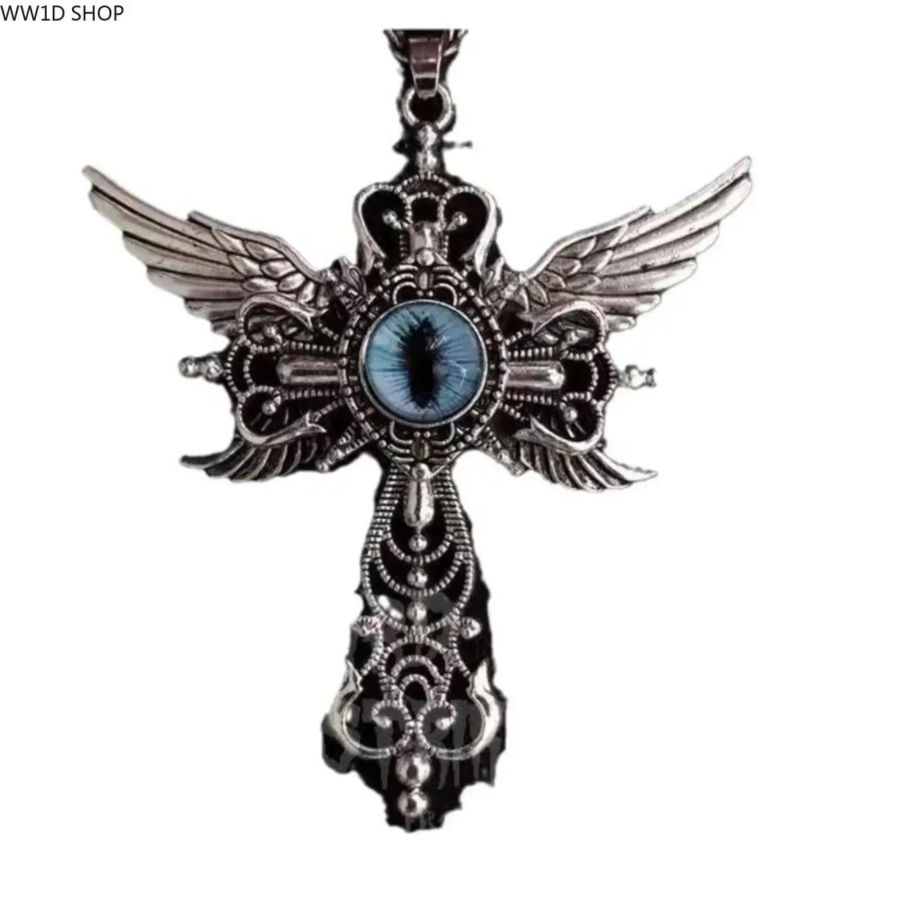 Unisex Pendant Necklace with Blue Devil's Eye, Sterling Silver Guardian Angel Winged Cross, Peppy Artistic Jewelry, Adjustable Birthday Gift for Protection