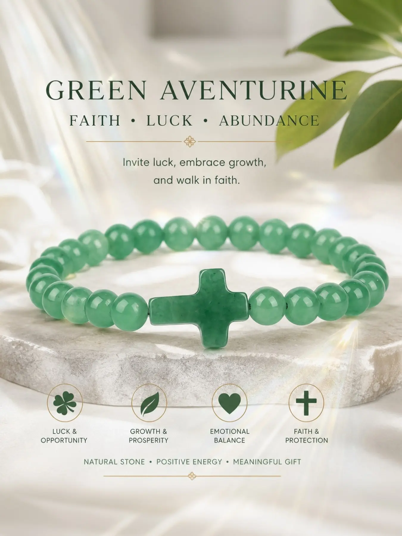 "Sacred Serenity" Genuine Green Stone Energy Bracelet - Spiritual Aura Crystal Beads with Cross Charm for Faith, Strength & Mental Calm