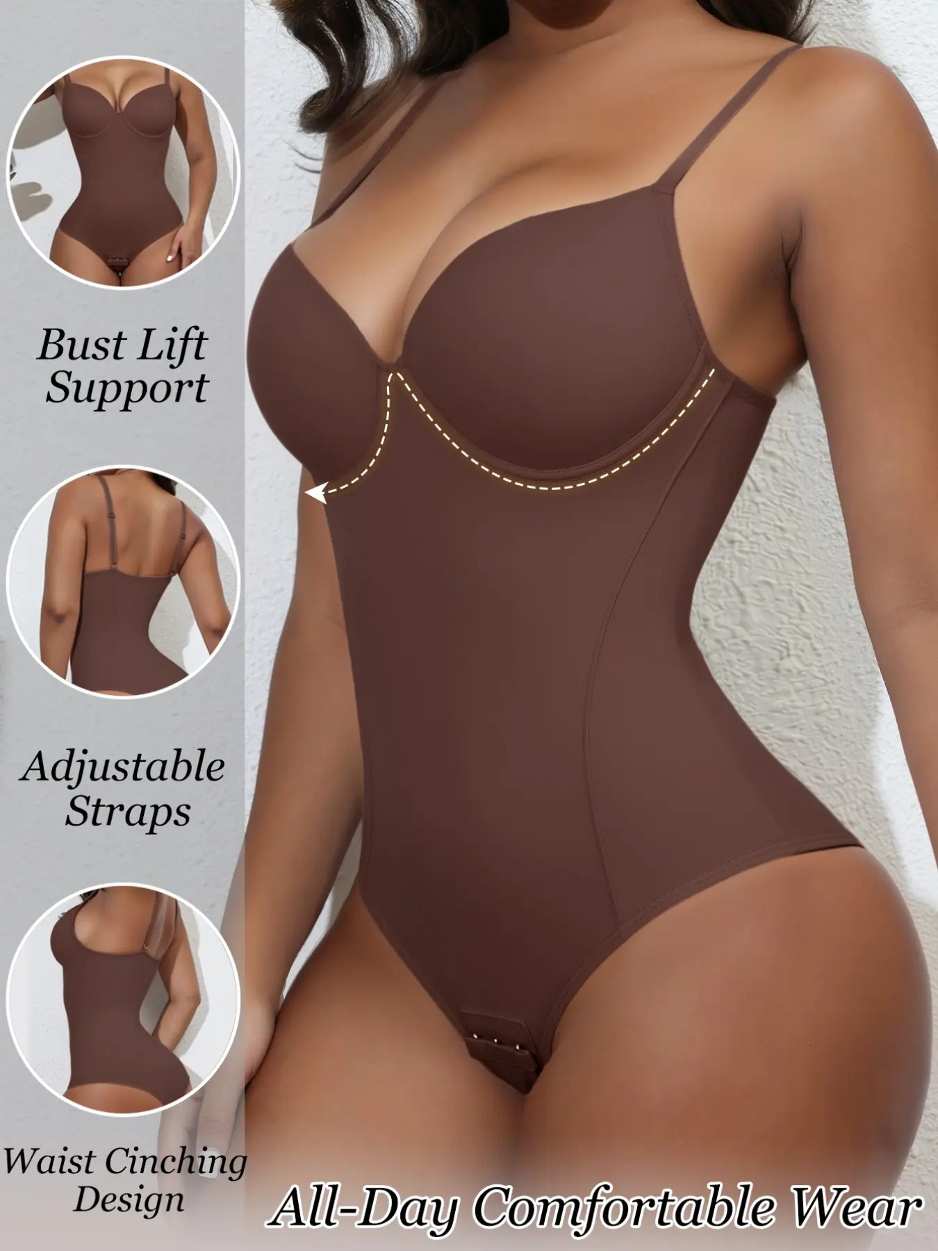 Women's Solid Color Deep V Bodysuit, Braided + Padded Support, Adjustable Thin Straps, Button Closure, Perfect for Daily Wear, Shapewear