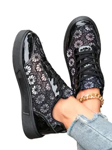 Women's Floral Lace Breathable Sneakers, Thick Sole Lightweight Tie-Strap Shoes, Casual Comfort for Shopping and Outing