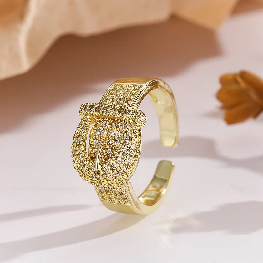 LOVEDEN Belt Buckle Statement Ring for Women, Gold Tone & Silver Tone Pavé Sparkling Adjustable Ring, Bold Fashion Cocktail Jewelry for Party, Daily Wear and Gift for Her