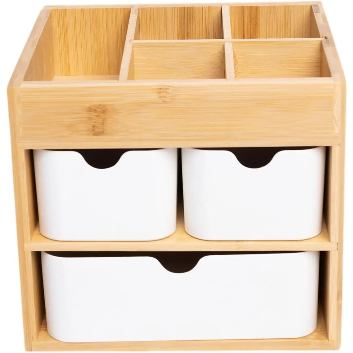 Bamboo Makeup Organizer with 3 Drawers, Dresser Cosmetic Organizer Box,Bamboo Desk Organizer for Home with Adjustable Dividers