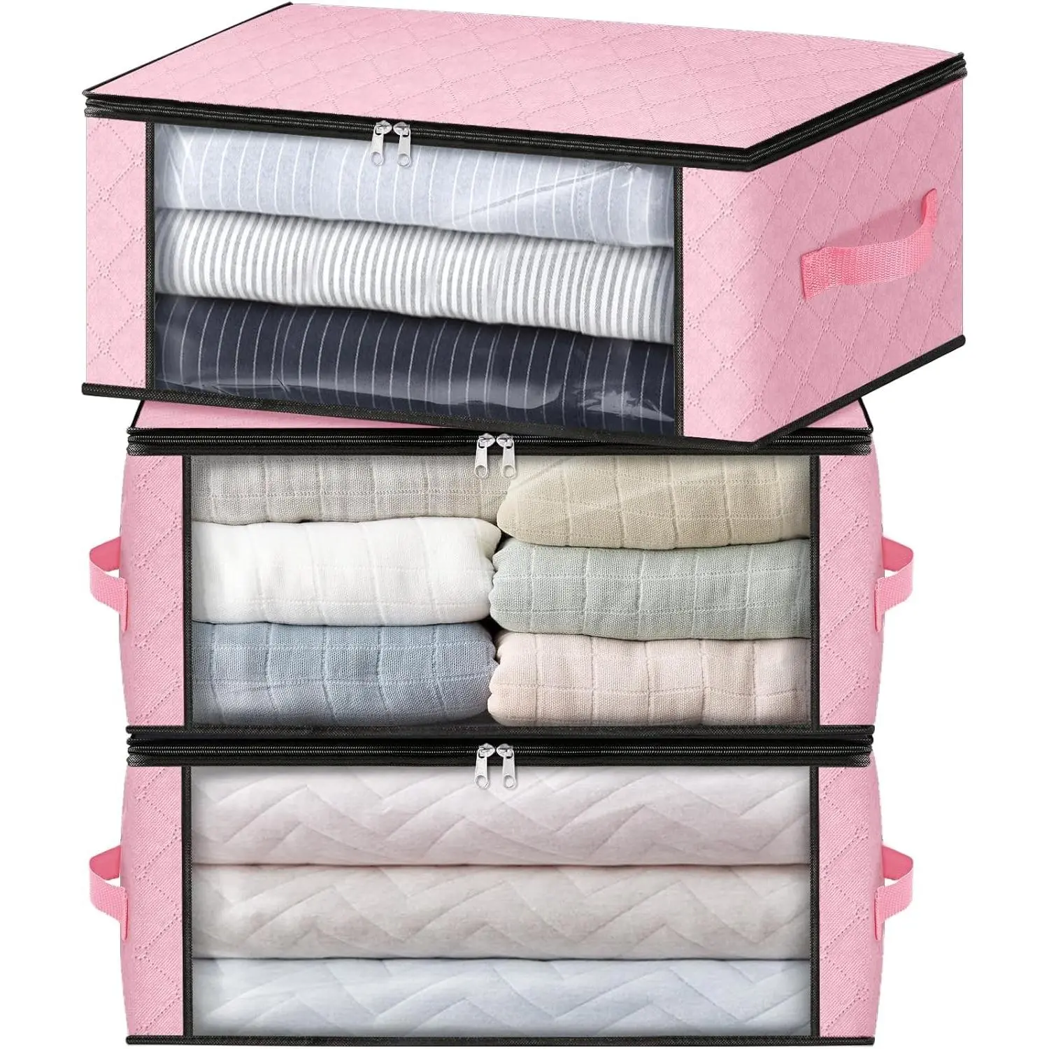 3-Pack Clothes Organizer Storage Bags Foldable Storage Box with Large Clear Window Sturdy Handles for Closet, Dorm, Pillows, Bedding, Clothes, Blankets, 35L, Pink