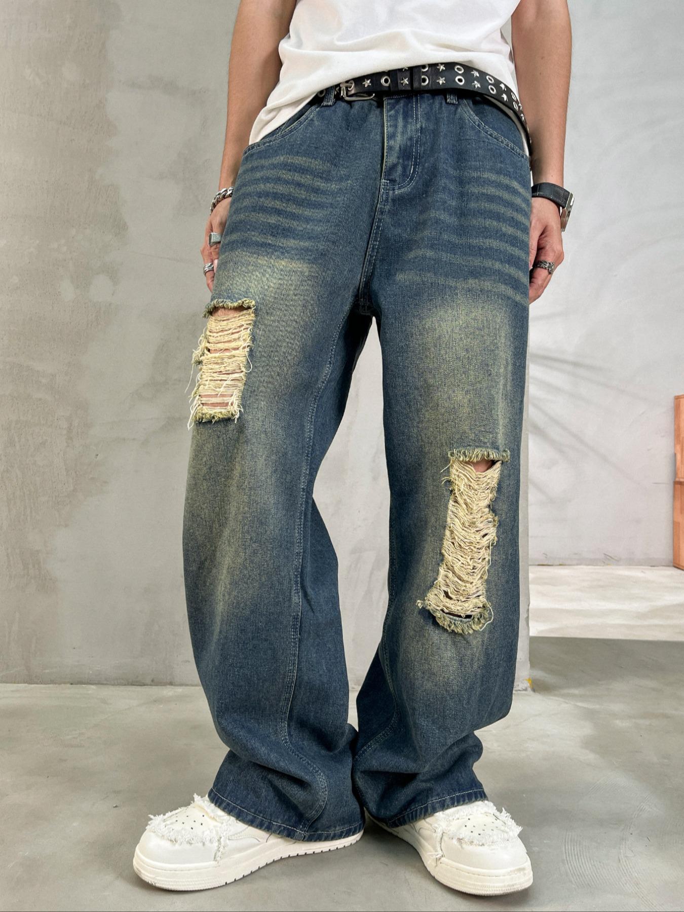 Men's Vintage Wash Distressed Straight Leg Light Wash Jeans, Loose Casual Comfy Denim Jeans for Daily Wear, Wide Leg Jeans for Men, Men's Denim Jeans for All Seasons