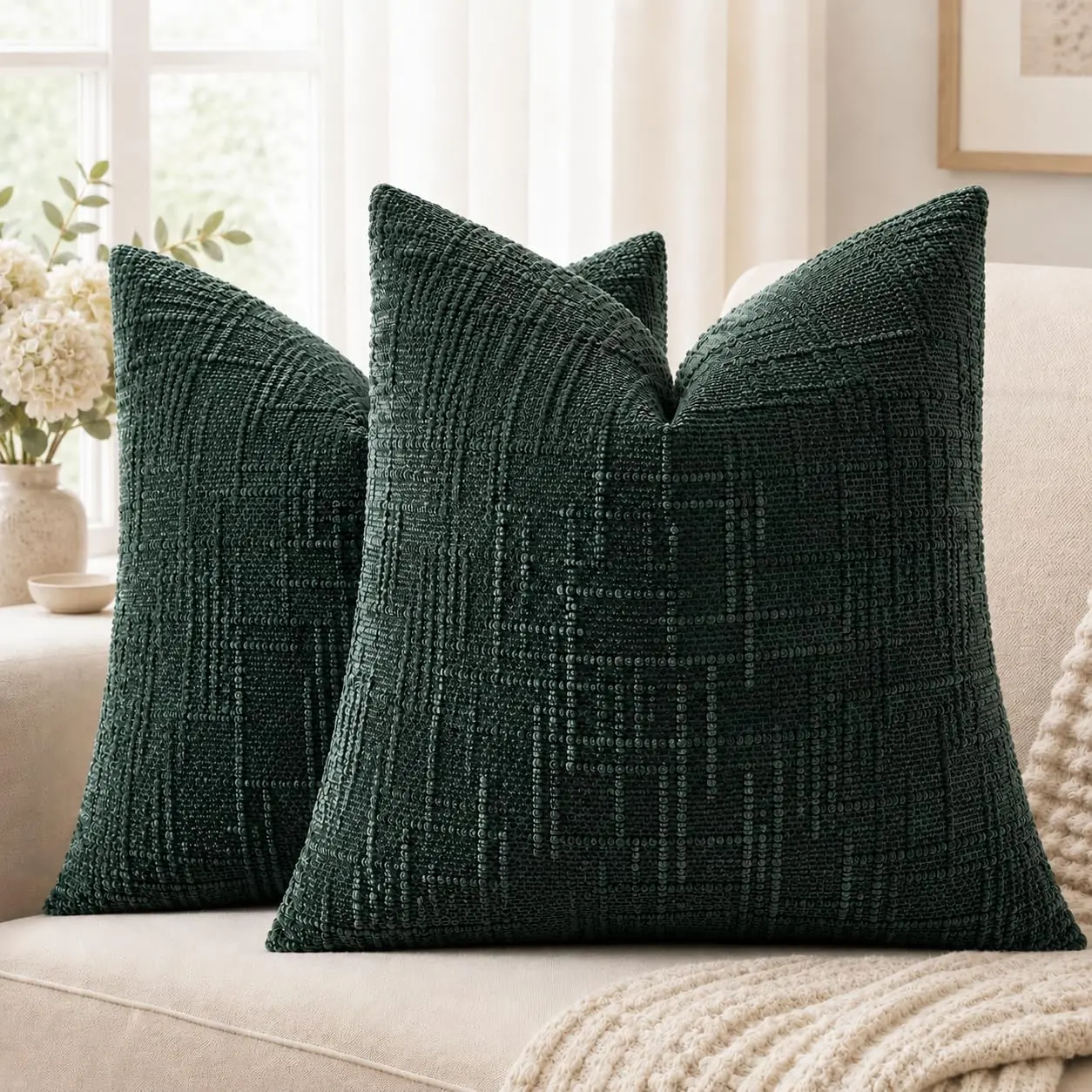 Chenille Throw Pillow Covers 18x18 Inch Green, Set of 2 | Soft Decorative Couch Sofa Pillow Cases, Durable Accent Cushion Covers for Living Room, Bedroom, , Modern  Decor
