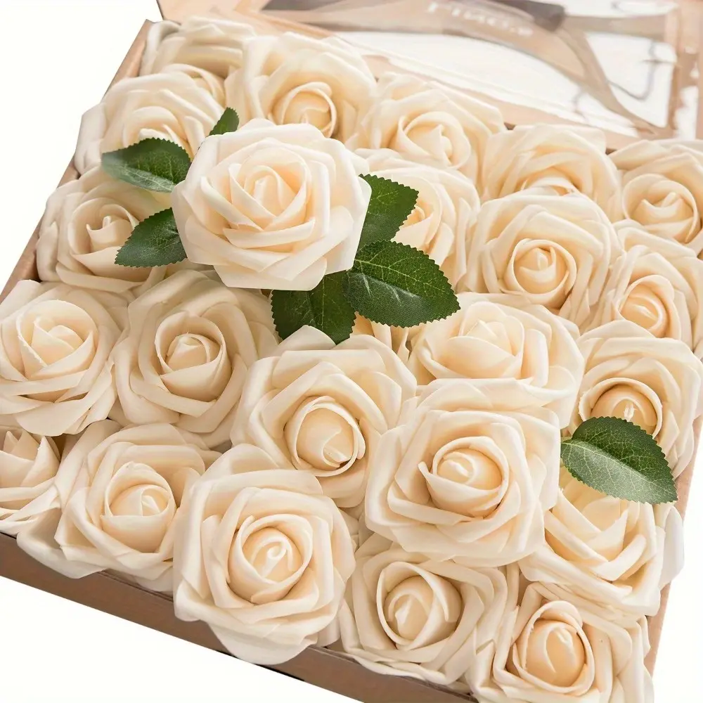 50pcs Real Touch Cream Decorative PE Foam Roses with Bendable Wire Stems, Leaves & Floral Foam - Soft Artificial Flowers for DIY Wedding, Party Decor Bouquet, Centerpiece Kissing Arrangements