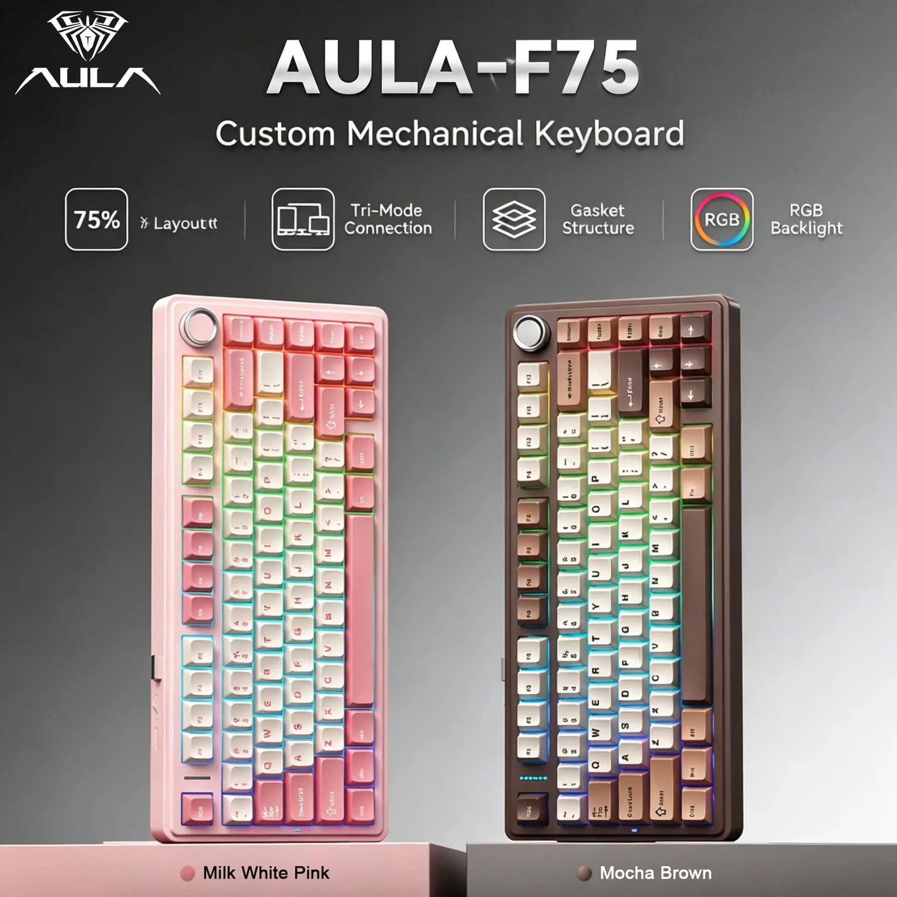 Aula F75 Wireless Mechanical Keyboard, Bluetooth-compatible 2.4g Wired Triple Mode, 75% Layout, RGB Backlight, Full Key Hot-Swappable, Pbt Keycaps