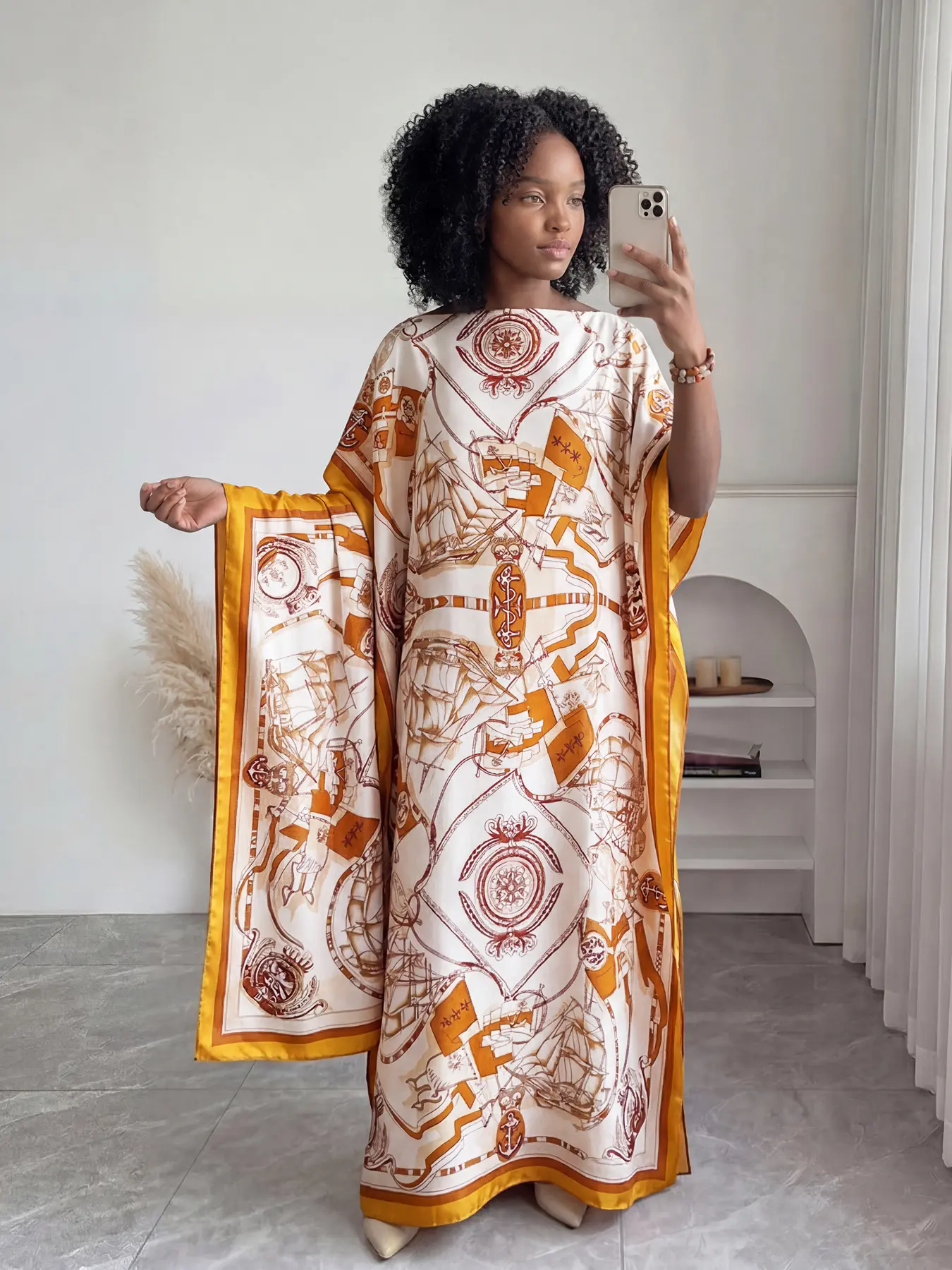 Elegant Nautical Print Silk Dress Set, Long Robe & Scarf for Women, Beach Sun Protection, Summer Fashion Accessories