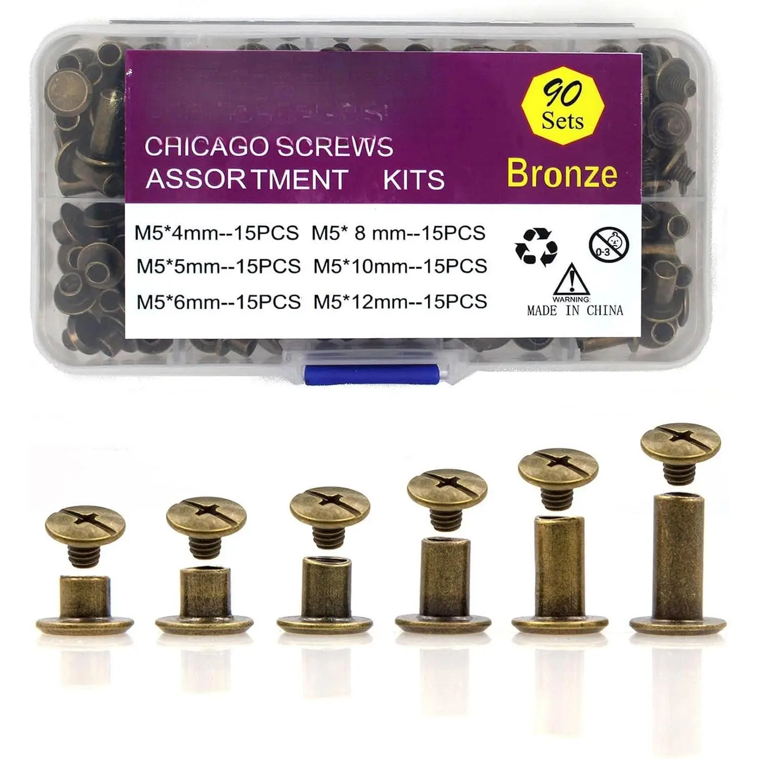 Bronze Chicago Screws Leather Kit, 90 Sets, 6 Sizes (M5 X 4-12) | Screw Rivets, DIY Leather Craft, Bookbinding,  Kit