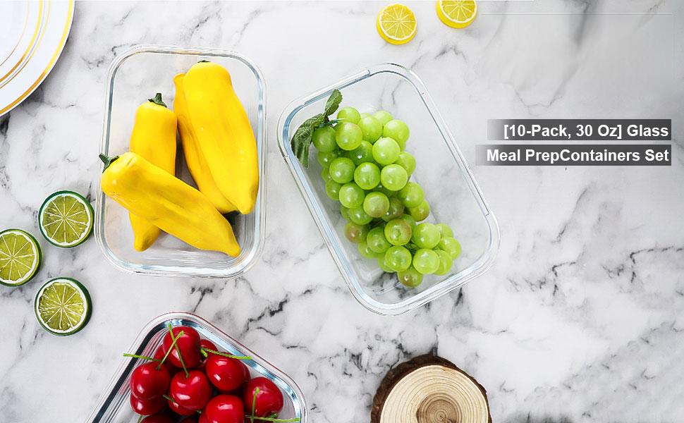 10 Packs 30 oz Glass Meal Prep Containers,Glass Food Storage Containers with Lids,Airtight Glass Lunch Bento Boxes,Microwave,Freezer and Dishwasher,Gray