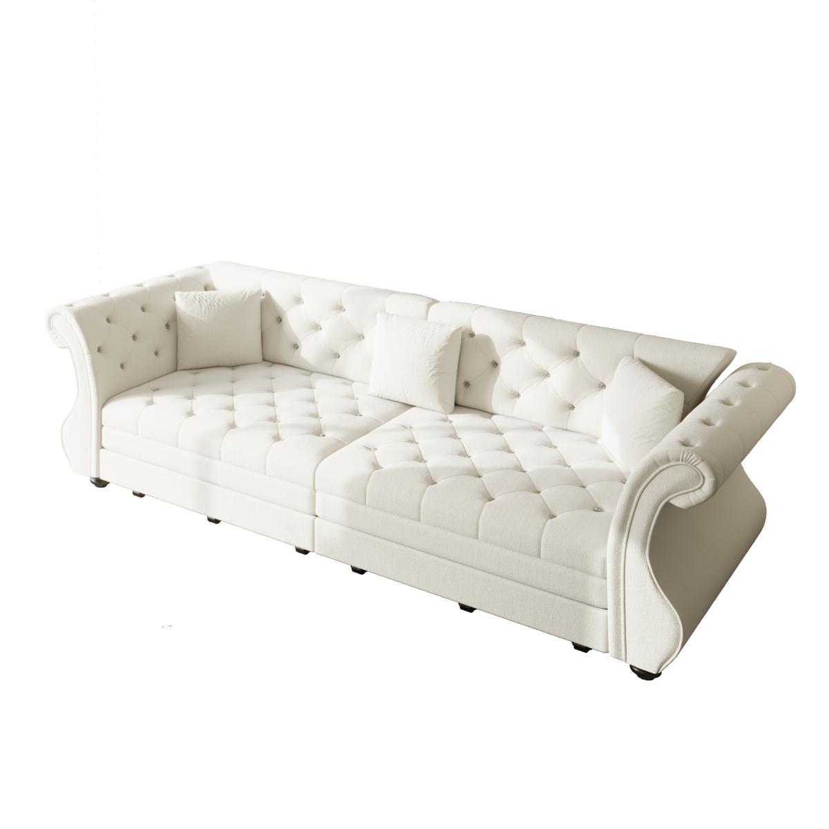 97.6" Oversized  Chesterfield Pull Out Sofa Bed, Classic Roll Arm Velvet Couch with Flower Tufting, Upholstery for Living Room/Bedroom/Apartment, Beige/White
