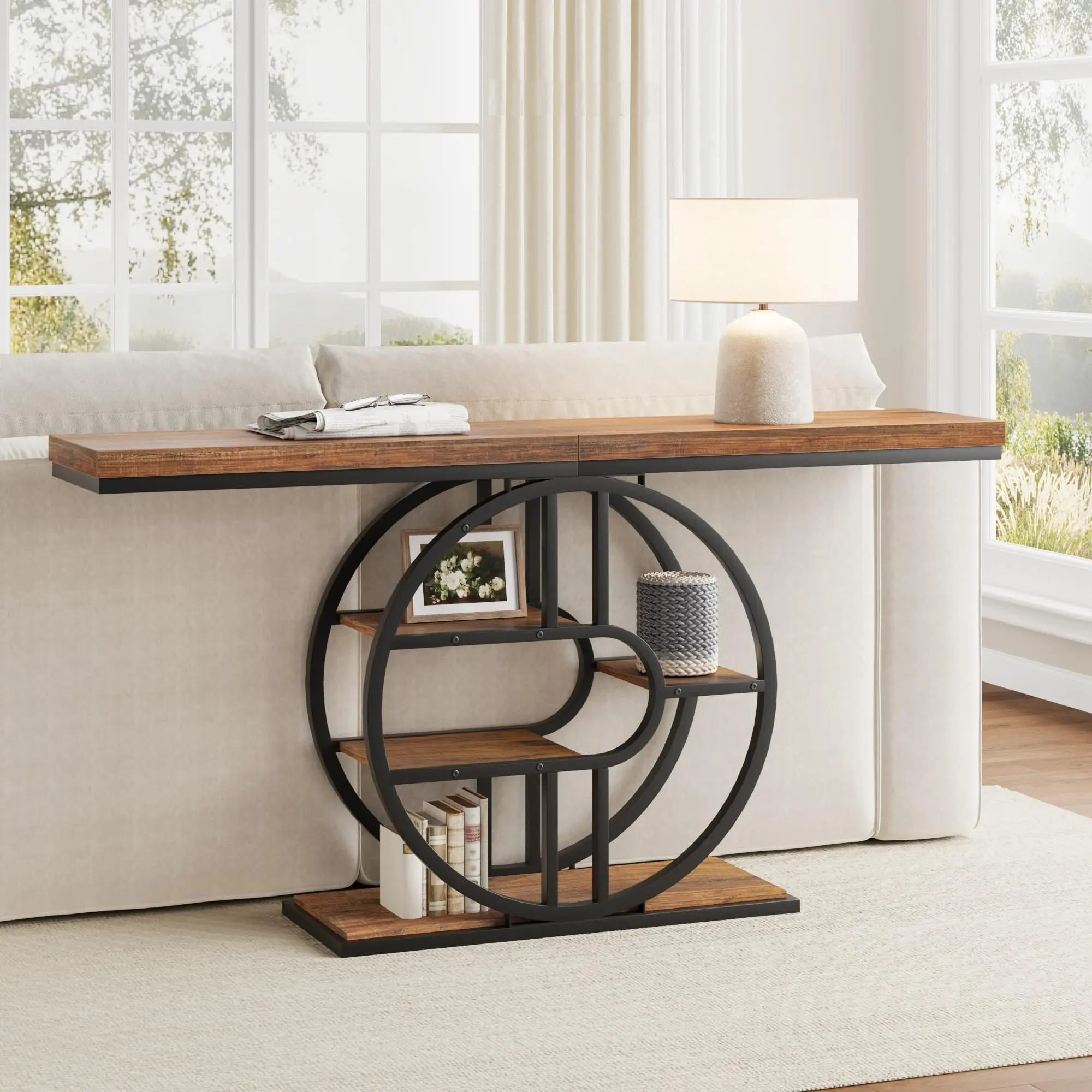 Industrial Console Table 55" – 5-Tier Narrow Sofa Entryway Table – O-Shaped Metal Frame – Multi-Functional Storage Shelves – Ideal for Living Room, Hallway