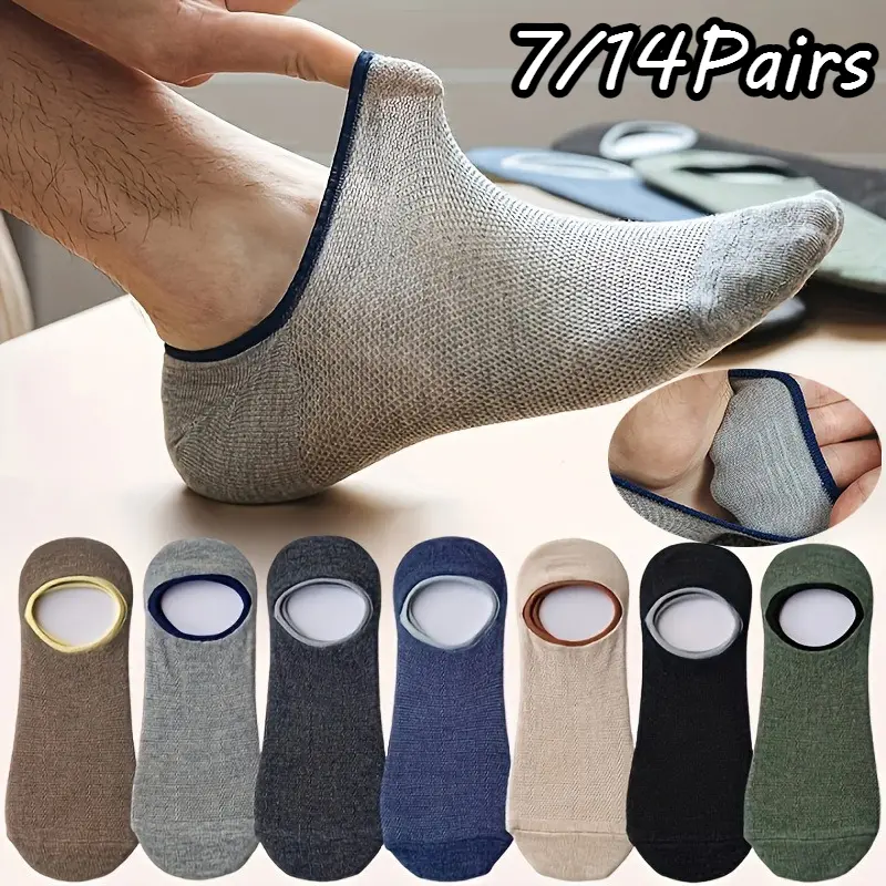 7/14 Pairs Men Summer Mesh Invisible No Show Socks Color Trim Anti Slip Low Cut Boat Socks Breathable Sweat Wicking Casual Socks for Loafers Sneakers