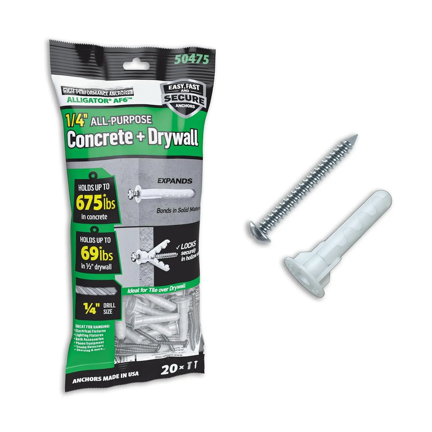 AF6 Flanged Polypropylene Anchors, Heavy Duty Wall Anchors for Concrete, Brick, Stone & Drywall, Fits #6–#12, 1/4" Size, 69 lb in 1/2" Drywall (Pack of 20 with Scews)