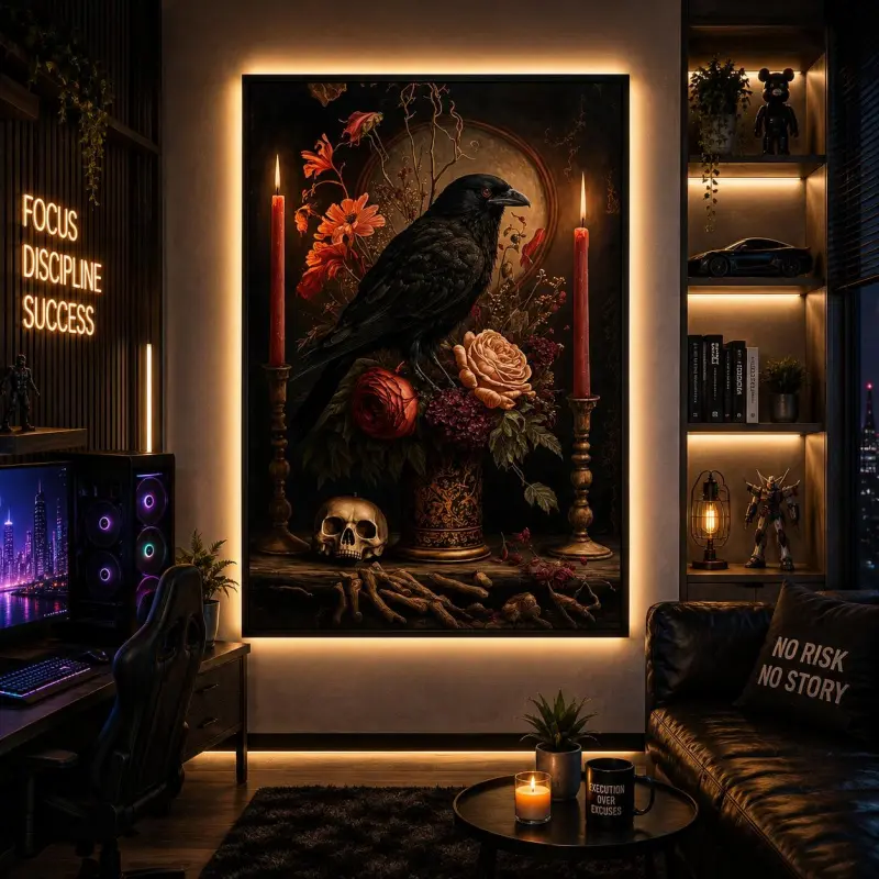 Crow & Flower Pattern Unframed Painting, Canvas Wall Art without Frame, Canvas Art And Prints For Walls, Floral Abstract Design Decorative Painting for Home Living Room Bedroom, Gothic Crow Wall Art, Raven Poster, Dark Academia Decor, Floral Wall Art