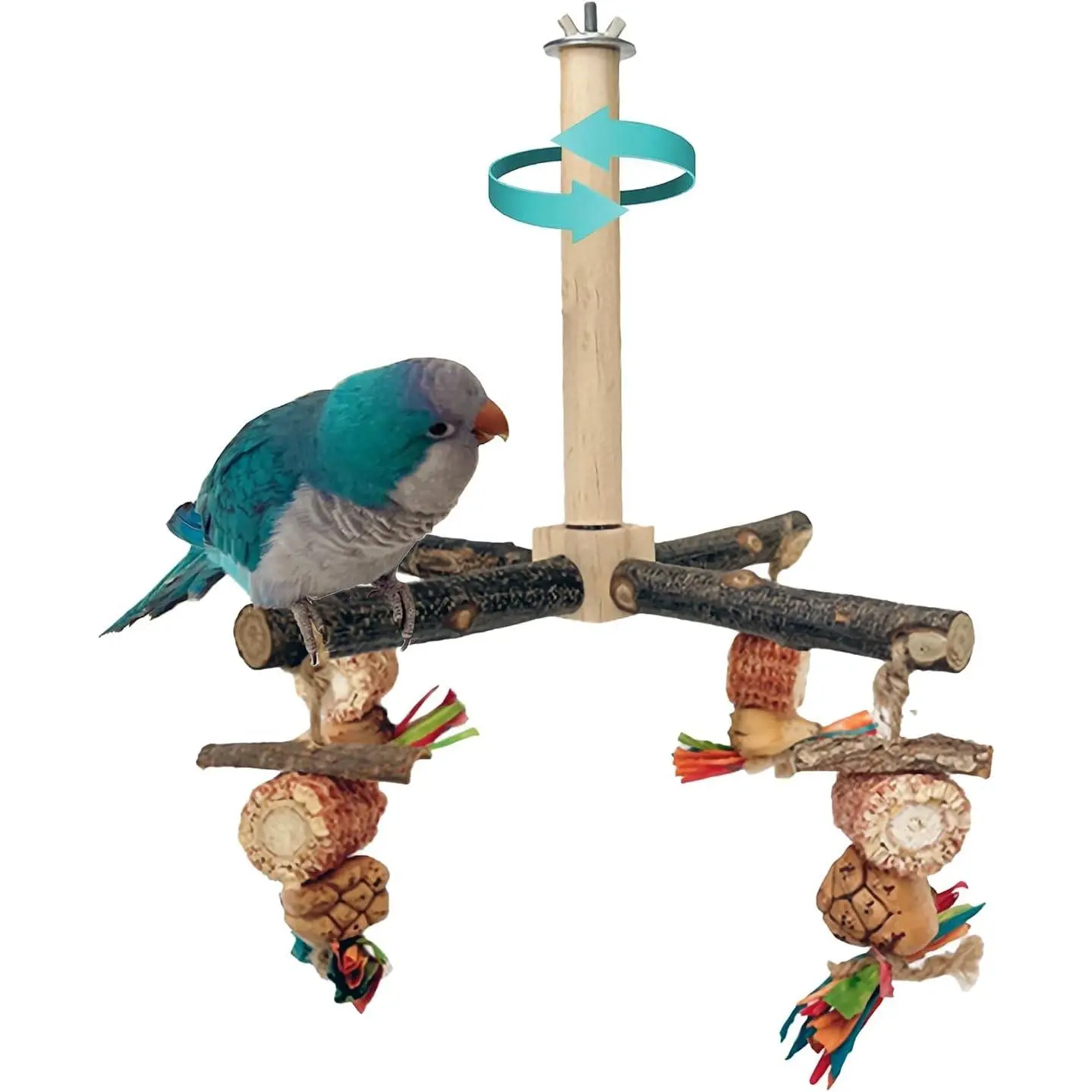 360° Rotating Bird Perch with Natural Chew Toys, Spinning Bird Cage Accessories, Wooden Parrot Stand for Small and Medium Birds including Parakeets, Budgies, Cockatiels, Conures, Finches