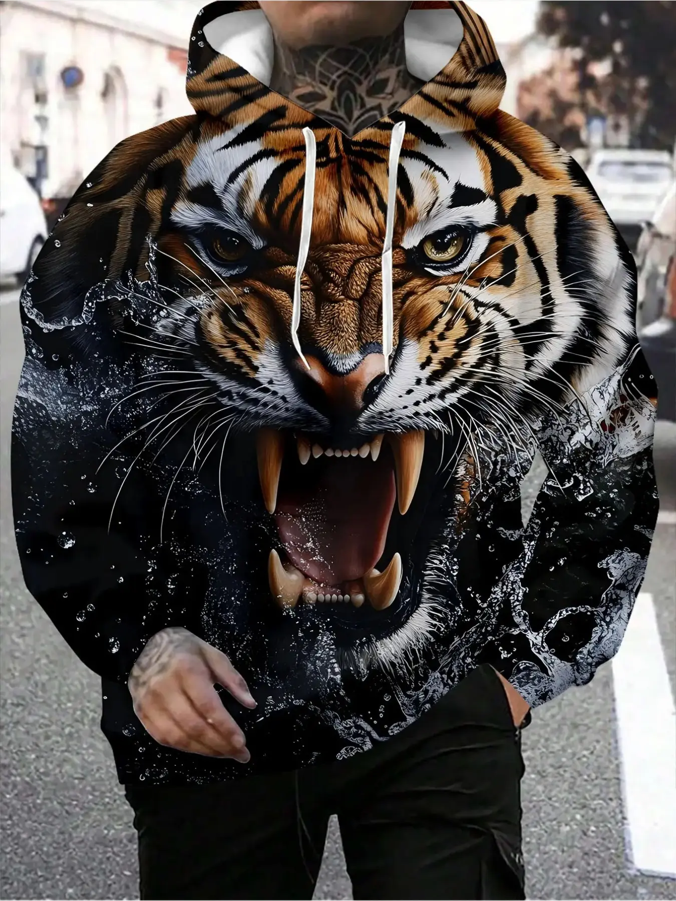 Men's 3D Tiger Face Printed Hooded Sweatshirt - A tiger-patterned pullover with tiger head designs, a casual streetwear style sweater, featuring a fierce tiger design. Machine washable in regular fit, suitable for daily use and special events.