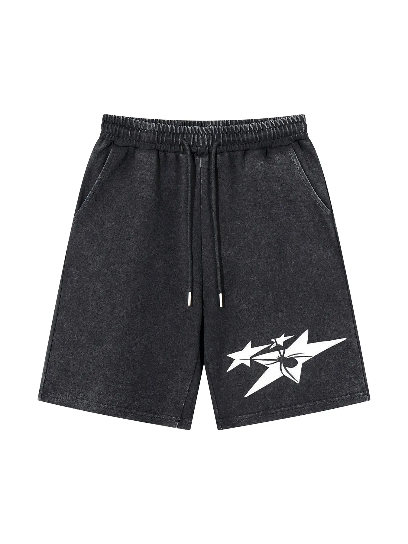 Men's Summer Gym Shorts, Star Print, Washed Vintage Fabric, Loose Fit, Drawstring Waist, Pockets, Retro Street Style