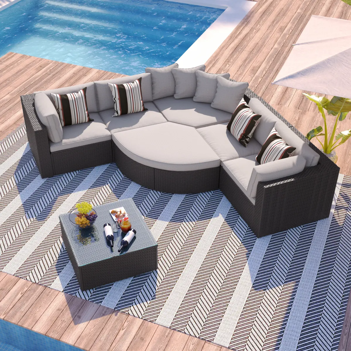 AobtkelGO 7-piece Outdoor Wicker Sofa Set, Rattan Sofa Lounger, With  Colorful Pillows, Conversation Sofa, For Patio, Garden, Deck, Brown Wicker