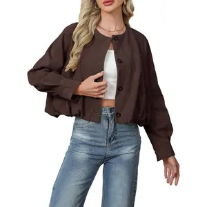 SCOFEEL Women’s Cropped Faux Suede Jacket Casual Collarless Short Bomber Jackets Button Up Fall Spring Open Front Coat