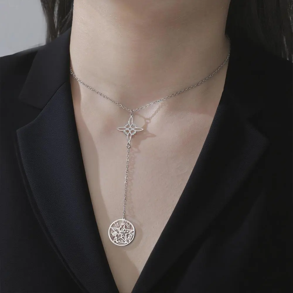 Double Amulet Protection Necklace witch Knot Pentagram Tetragrammaton Stainless Steel Protection Jewerly Wholesale