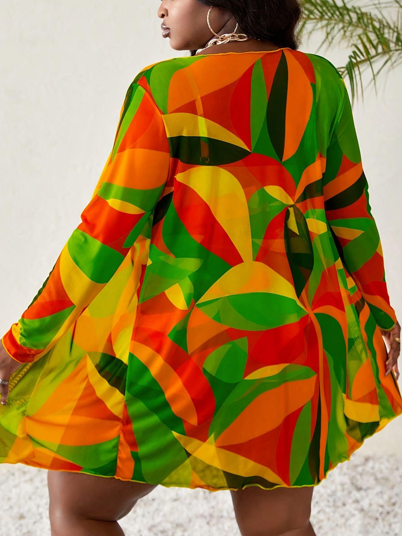 Plus Size Multi-Color Patchwork Printed V-Neck Camisole Boxer Shorts Slim Fit Covering Women's Beach Vacation Swimsuit Three-Piece Set cheeky bikini collection