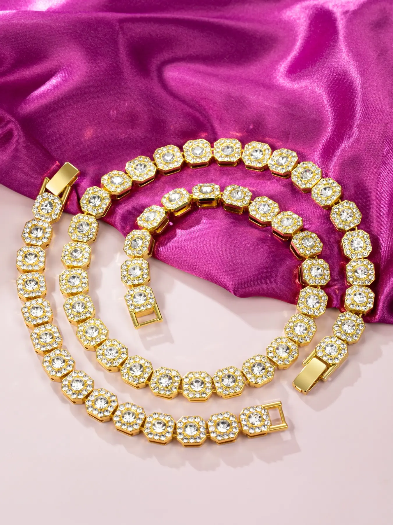 Elegant Square Necklace and Bracelet Set, Jewelry Sets for Women, Rhinestone-Embedded, Hip-Hop Street Style, Perfect for Daily Wear or Gifting