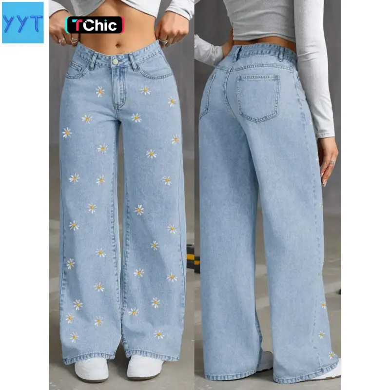 YYT1 Light Blue Embroidered-Waisted Straight Leg Jeans Women, Pocket, 2026 New Season, Loose Fit, Casual Everyday Fashion Style, Long Pants, Bottom