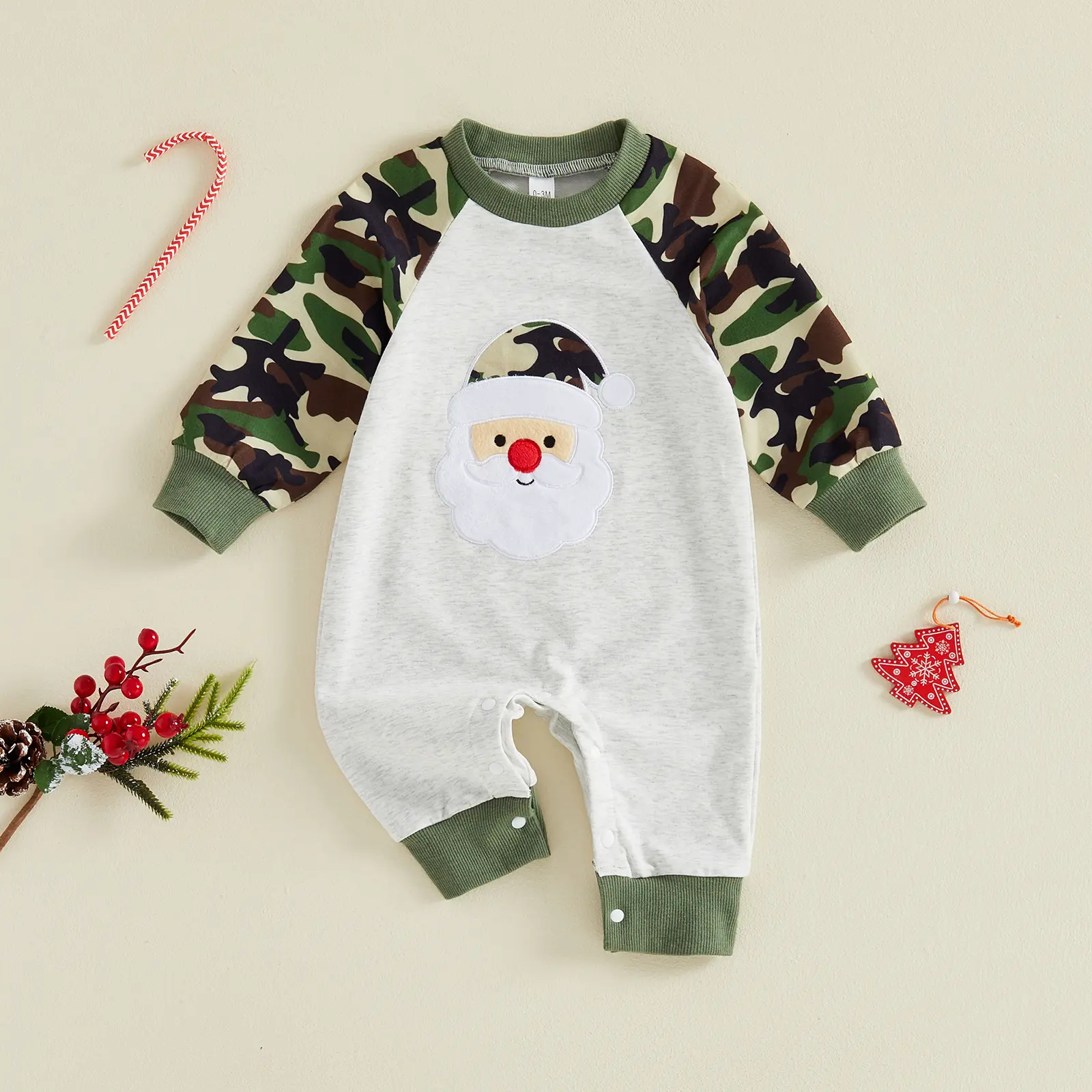FOCUSNORM Newborn Baby Boys Christmas Raglan Romper Camo Sleeve Santa Applique Long Sleeve Jumpsuit Fall Winter Clothes 0-18M