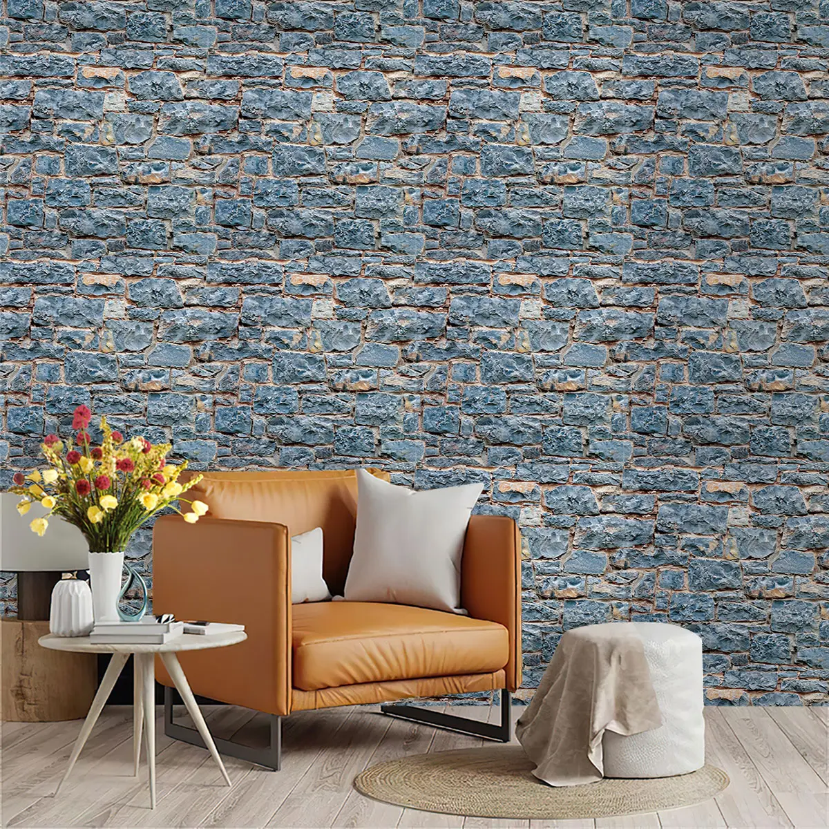 This is a retro blue stone brick wall cycle wallpaper pattern, which is made of PVC material with adhesive on the back. It can be torn off and pasted directly, suitable for furniture decoration, kitchen/living room/bedroom wall decoration, old wall