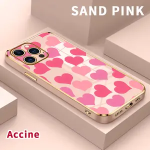 Electroplating Phone Case for iPhone 17 16 Pro Max 15 Plus 14 13 12 11 Air Hearts in Blush Patterned Classic Square Design Non Slip TPU Soft Shell