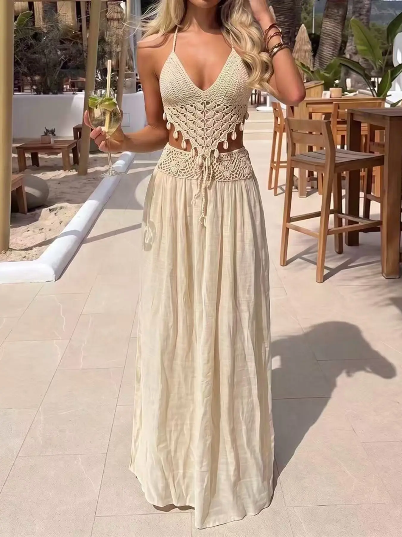 Shell Decor Hand Hook Top Long Skirt Two-Piece Set, Lightweight Transparent Beach Vacation Women Cover-Up Set, Sexy Backless style