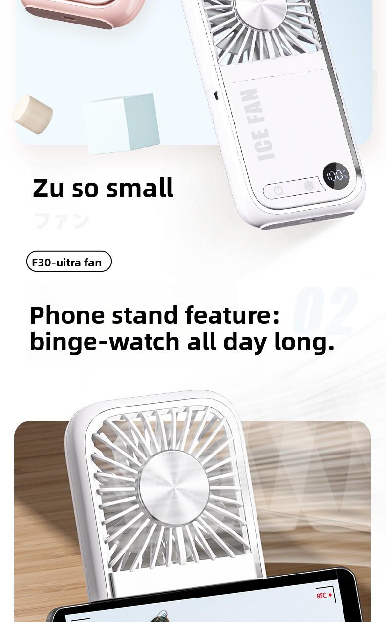 tylish and versatile personal fan with digital display, foldable design, and dual-use for neck hanging or handheld. Built with ice compress cooling technology, USB rechargeable, ultra-portable for outdoor, travel, office and daily use. Low noise, strong w