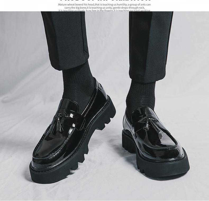 British Style Men's Fashion Loafers Patent Leather Tassel Loafers Black Thick-Soled Slip-on Formal Shoes Simple Casual Plus Size Dress Shoes for All Seasons