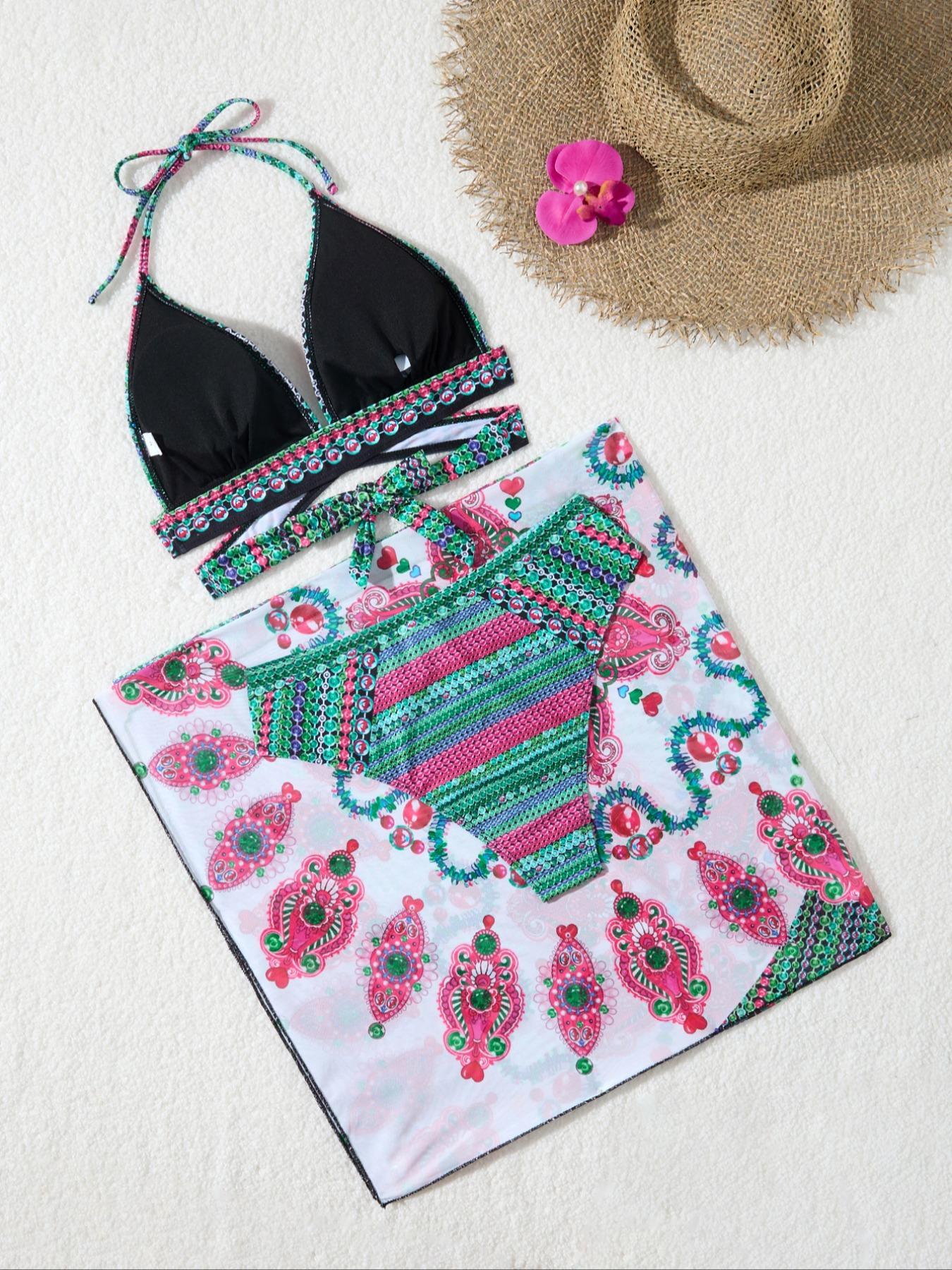 Women's Ethnic Pattern Bikini Set, Halter Neck Triangle Swim Bra & Tie Side Swim Panty & Pareo Cover Up Set, Ladies Swimsuit for Beach Holiday Vacation, Tropical Print Swimsuit, Beachswimsuits, Color Block Swimsuit, Bikinis Set, Colorblock Print Bikini