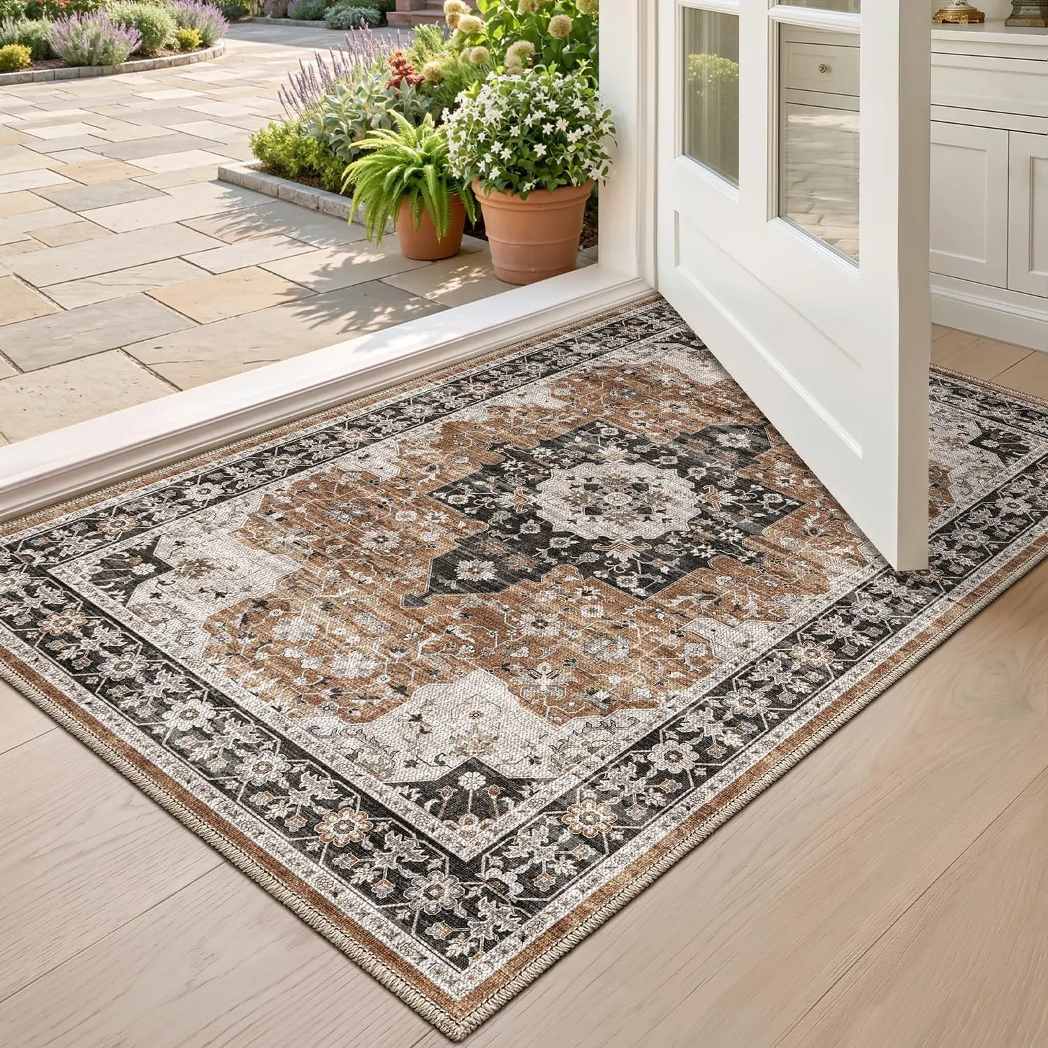 DEXI Hallway Runner Rug Washable3x12, Vintage Farmhouse Thin Kitchen Runner with Non Slip Backing, Soft Entryway Floor Rug, Stain Resistant Distressed Carpet for Bedroom Living Room, Brown