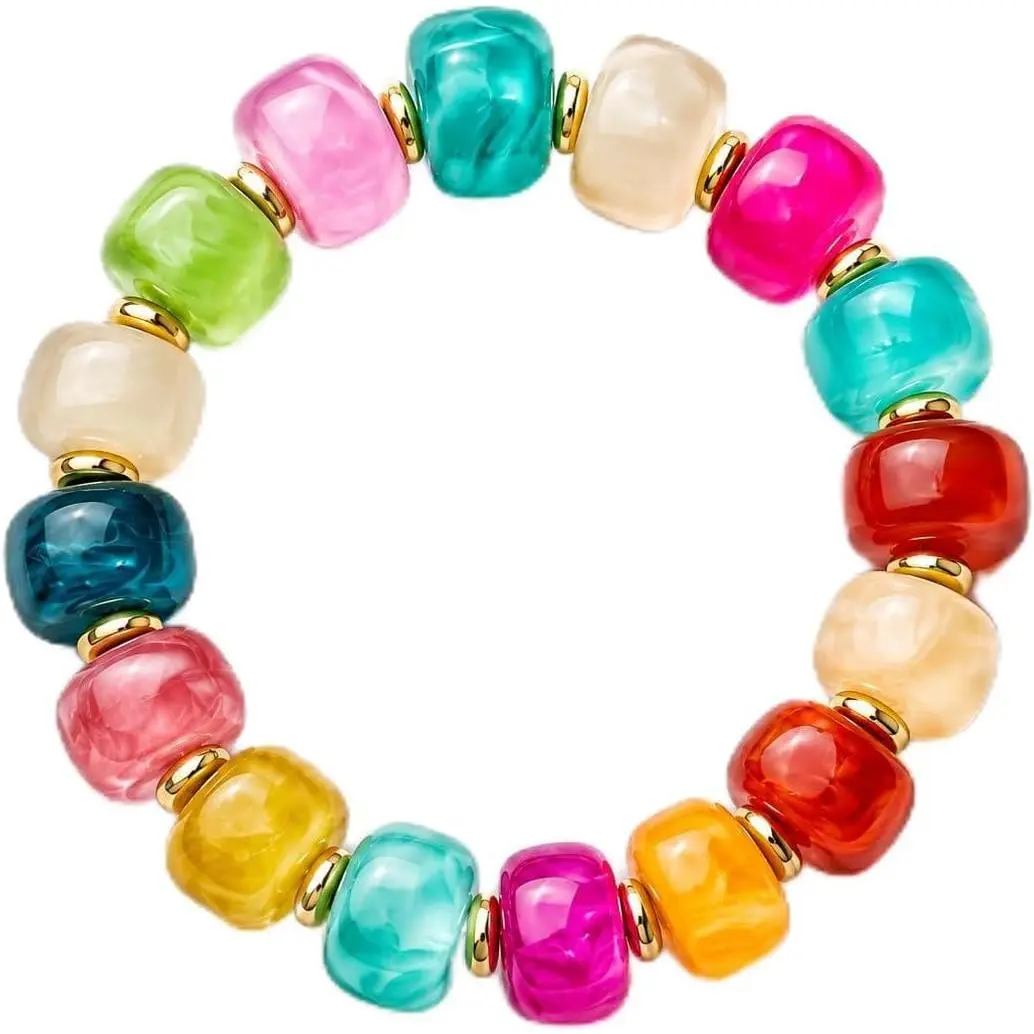 Bead Bracelet for Women Brown Barrel  Heart  Stretch, Solid Marble Boho   Neutral Daily Wear