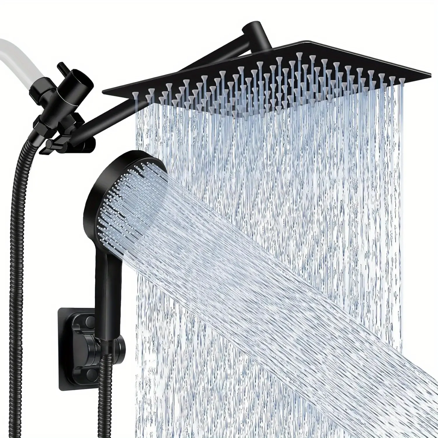 High Pressure Shower Head Combo, Rainfall & Handheld Shower Set with 11'' Extension Arm, 9 Spray Settings, Anti-Leak, Adjustable Height & Angle, With Holder, Chrome/Matte Black Finish