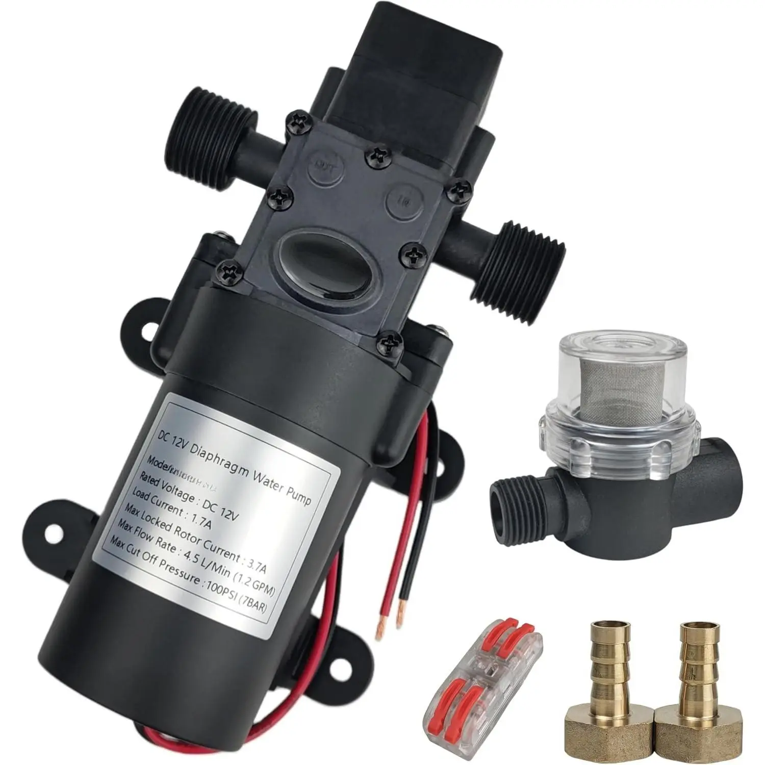 DC 12V Diaphragm Pump, Self-Priming Pump with Filter Quick Connection Terminal, 1.2 GPM 100 PSI   Adjustable  Pump, Suitable for RV Camping Shower Garden
