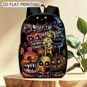Five Nights At Freddy’s Scary Animatronics Full Crew Dark Horror Game Print Backpack Gothic Thriller Game 600D Oxford 2D Flat Printing Lightweight Laptop Bag Padded Straps For Horror Game Fans Teens Street Daily Travel Carry