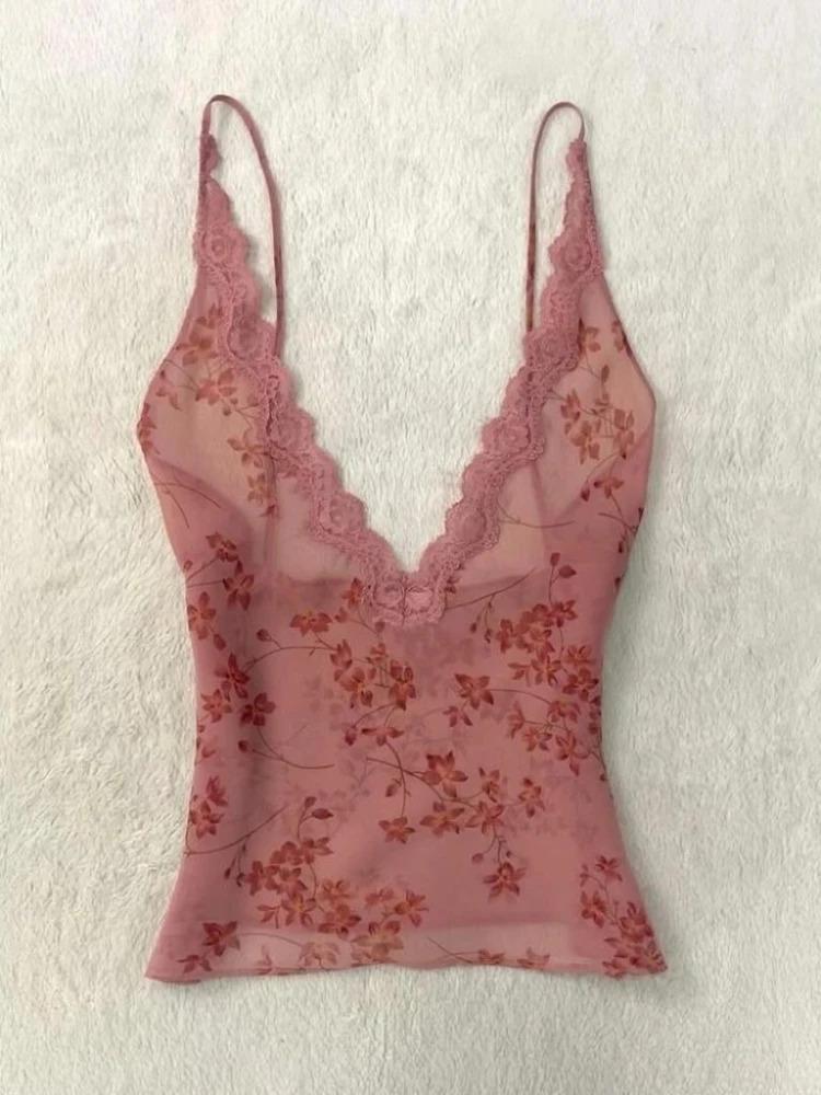 French See Through Sexy Suspender Top Women New Vintage V-neck Lace Vest Hot Girl Print Casual High Street Camis 2000s Outfits