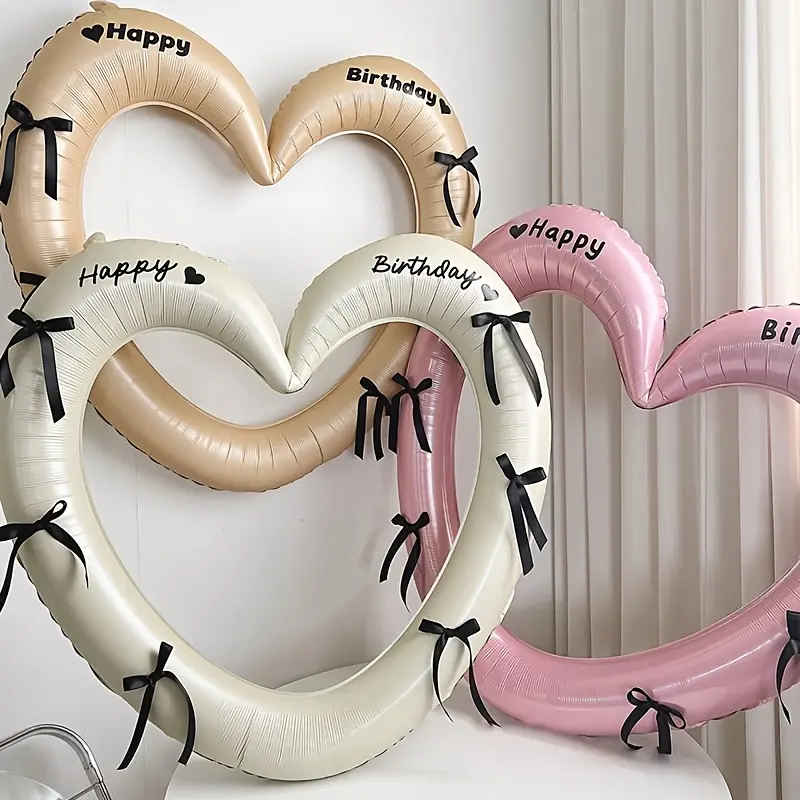 40-Inch Bow Happy Birthday Hollow Heart Foil Balloon Set, Birthday Party Decoration And Photo Props