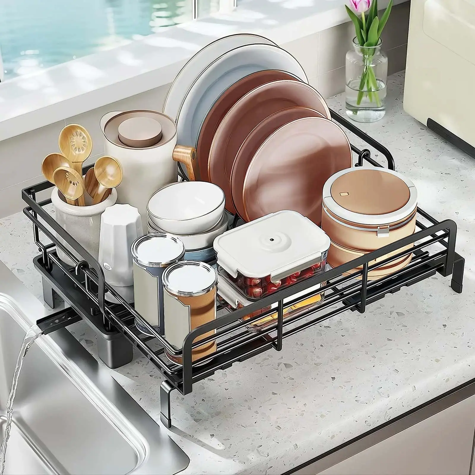 Extendable Dish Rack with Drainboard, Dish Drying Rack, V-Shaped Card Slot, Stainless Steel Kitchen Dish Drainer for Sink, Black