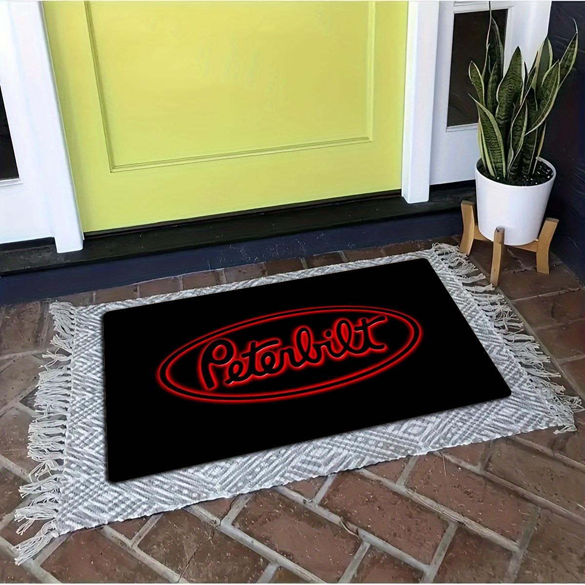 Peterbilt Neon Sign Logo Doormat – Red Glow Oval Truck Brand Floor Mat, Perfect for Truck Drivers, Garage or Man Cave Entryway Decor