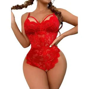 Outdoor sports Xmas Women Sexy Babydoll Lingerie Floral Teddy Bodysuit One Piece Lace Nightwear Negligee Snap Crotch Red
