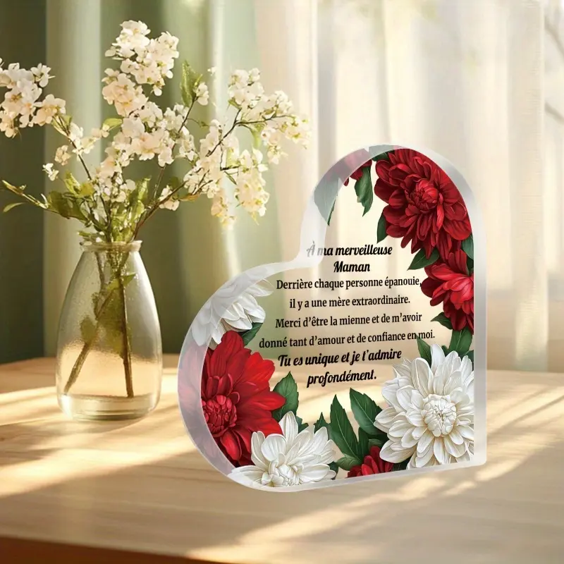1Pc 2D Flat Classic French Heart Shaped Acrylic Table Plaque with Quote, Perfect Gift for Mom, Decor for Bedroom, Kitchen, Living Room & Office, Ideal for Birthday, Wedding, Christmas & Holidays, Acrylic Desktop Plaque